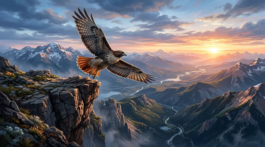 A red-tailed hawk perched high on a pole overlooking open land