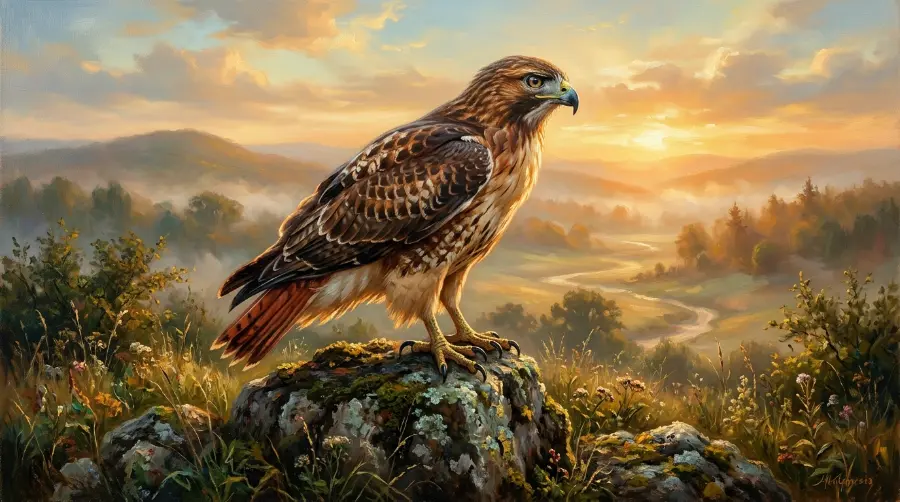 A red-tailed hawk perched, showing its rust-red tail feathers