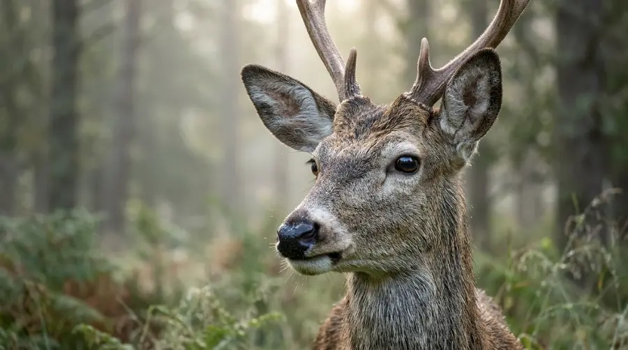A close-up of an alert deer with its ears raised