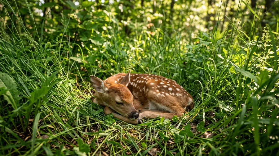 A spotted baby fawn lying hidden in tall grass