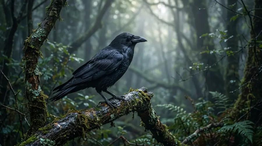 A black crow perched on a mossy branch in a misty forest at dawn