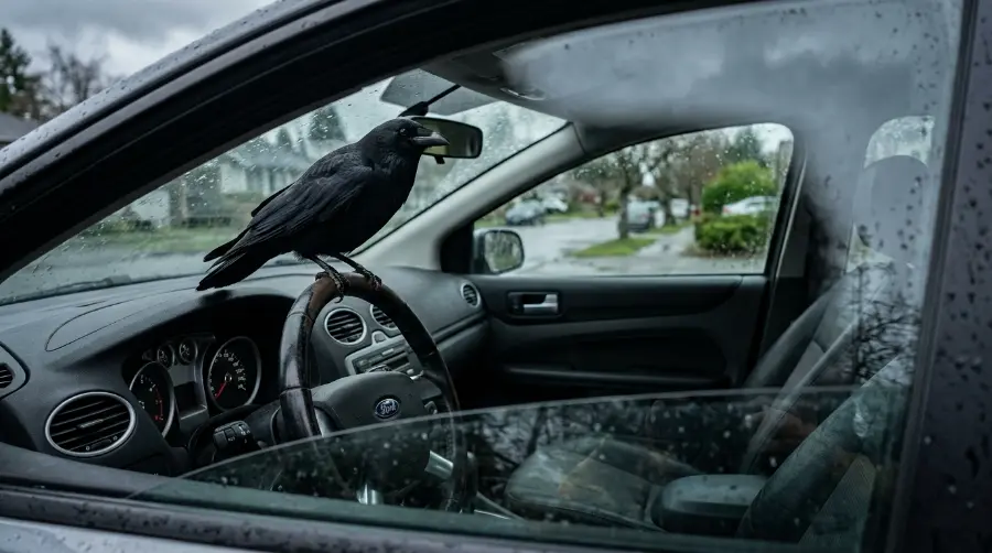 A black crow sitting on a car steering wheel in a dream-like scene