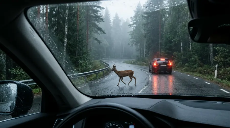 A deer crossing a road seen from a driver's perspective