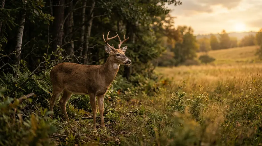 A deer standing at the edge of a forest during golden hour
