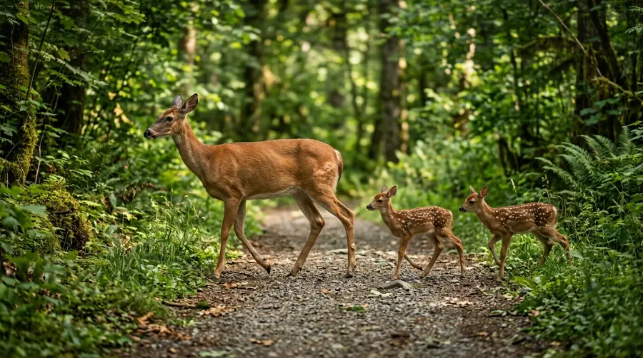 A doe and her fawns crossing a path together