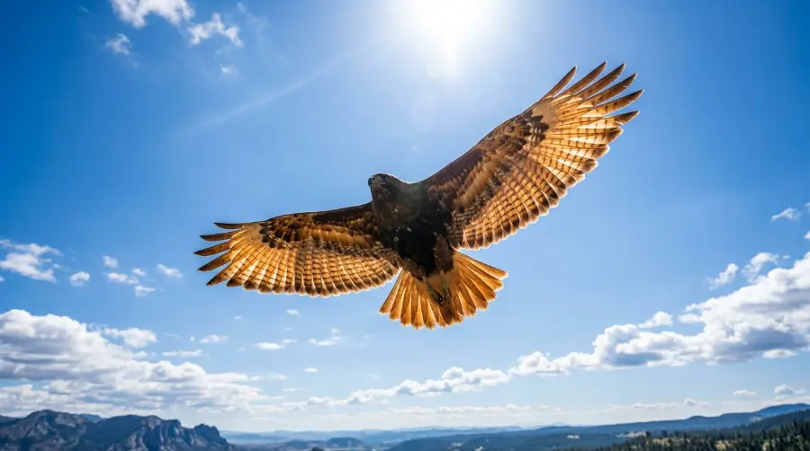 A hawk soaring high and circling against an open sky