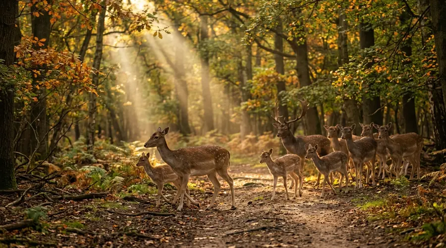 A herd of deer crossing a forest path
