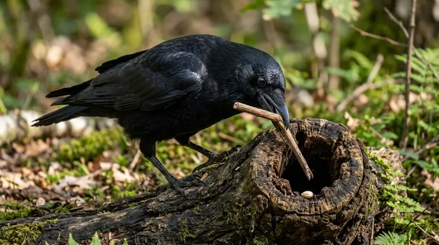 A close-up of an intelligent black crow using a stick as a tool