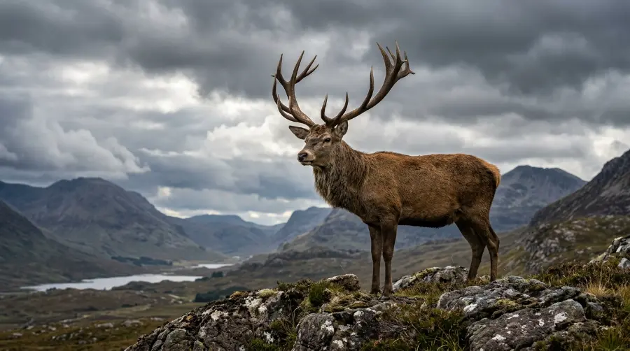 A male buck deer with large antlers standing on a hill
