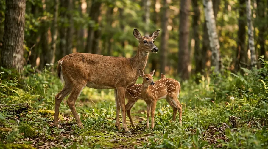 A mother doe and her baby fawn standing together
