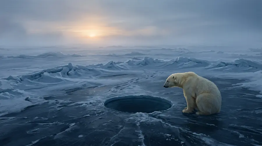 A polar bear waiting patiently beside an ice breathing hole