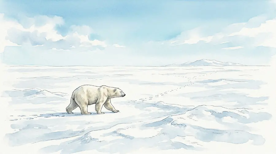 A solitary polar bear walking across a vast Arctic snow landscape