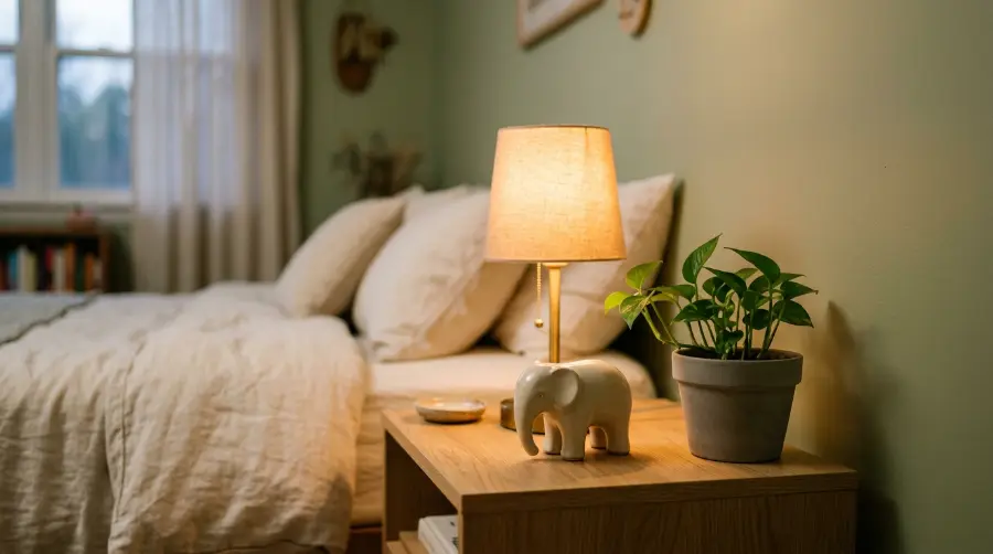 An elephant statue with lowered trunk on a bedroom nightstand