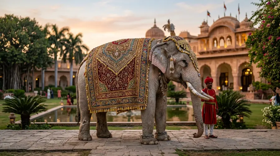 A ceremonial white elephant in a royal garden