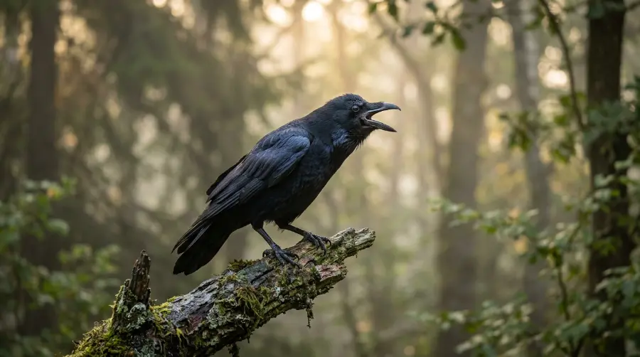 A crow cawing on a branch in a misty forest