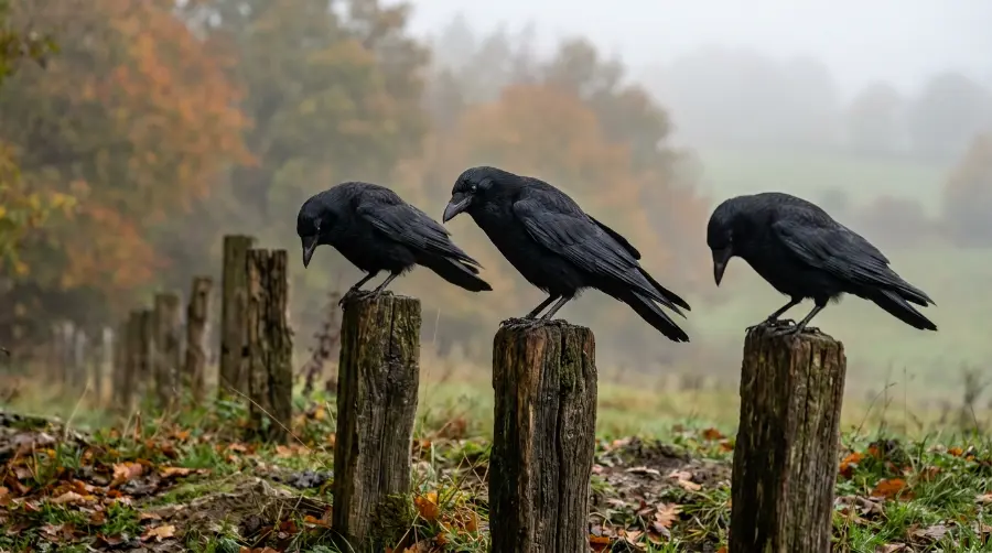 Several crows gathering around a dead crow on the ground