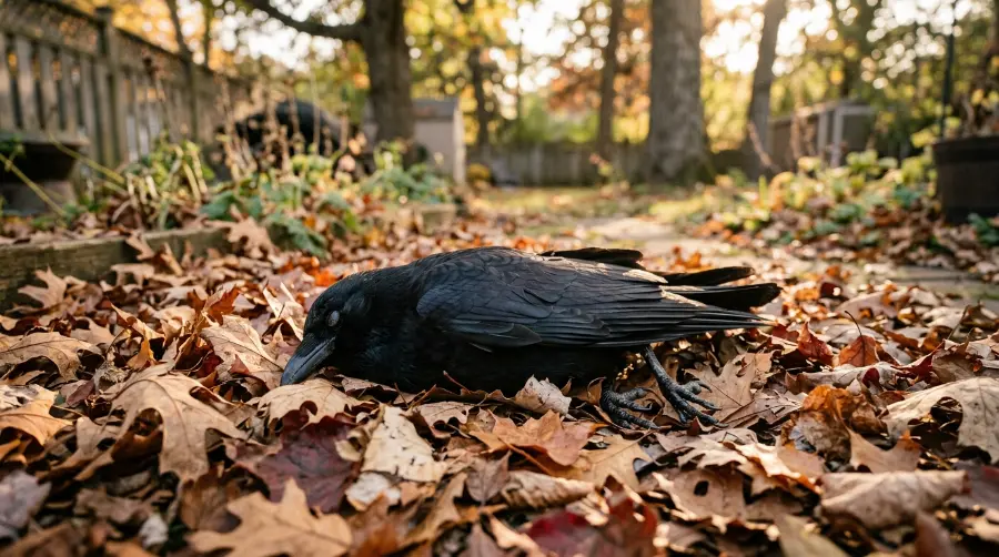 A dead crow lying in a backyard garden