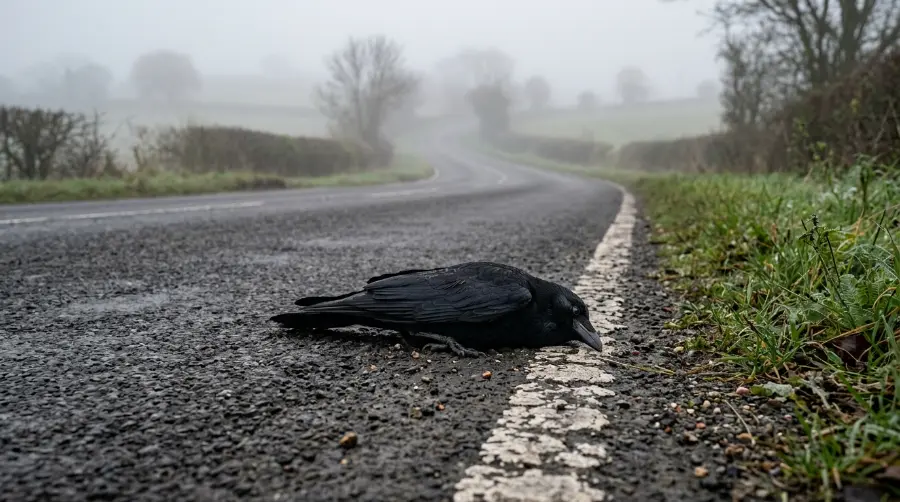 A dead crow on a paved road