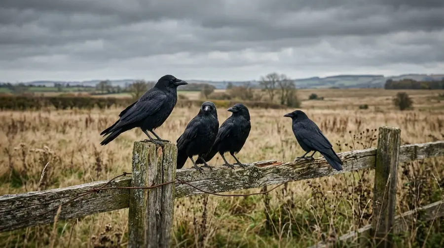 A group of crows perched together on a wooden fence