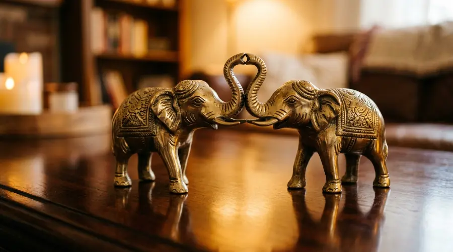 A statue of two elephants with intertwined trunks