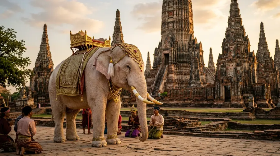 A sacred white elephant in a palace courtyard