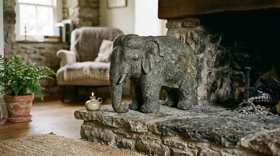A stone elephant statue with its trunk lowered to the ground