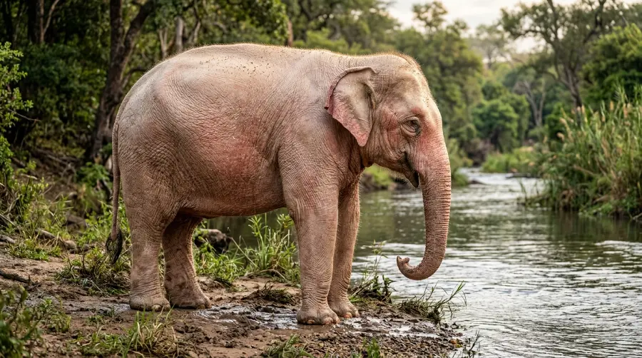 A wet white elephant with pinkish skin standing in a river
