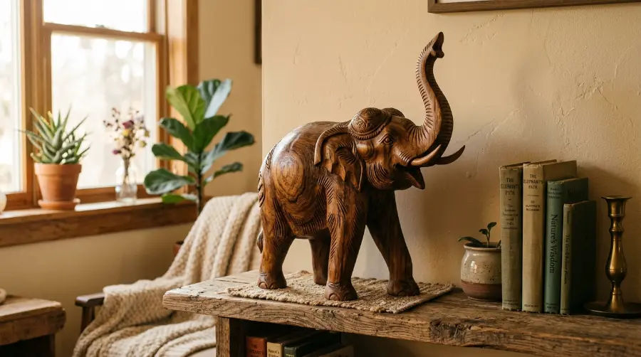 A wooden elephant statue with its trunk raised, on a shelf