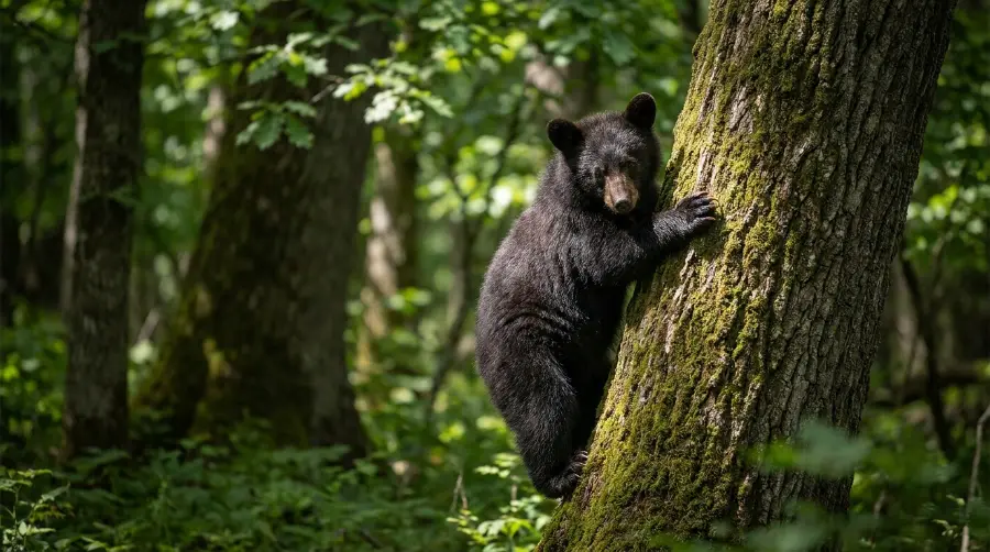 A black bear climbing the trunk of a tall forest tree