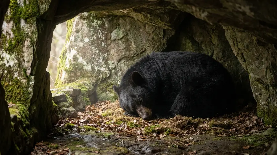 A black bear resting inside a rocky cave den