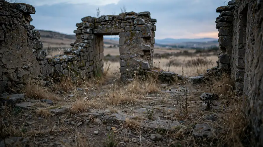 The empty stone walls of an abandoned settlement at dusk, the kind of place scripture describes as a haunt of jackals