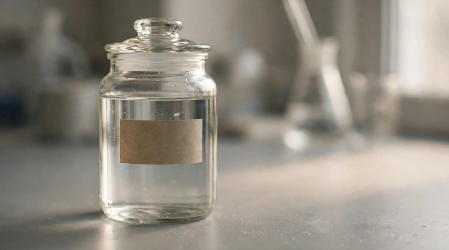 A small glass vial of clear antivenom on a plain surface, made from the same venom that bit the patient.