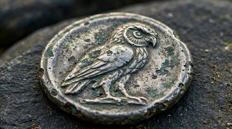 Ancient Greek silver coin with the owl of Athena on its face