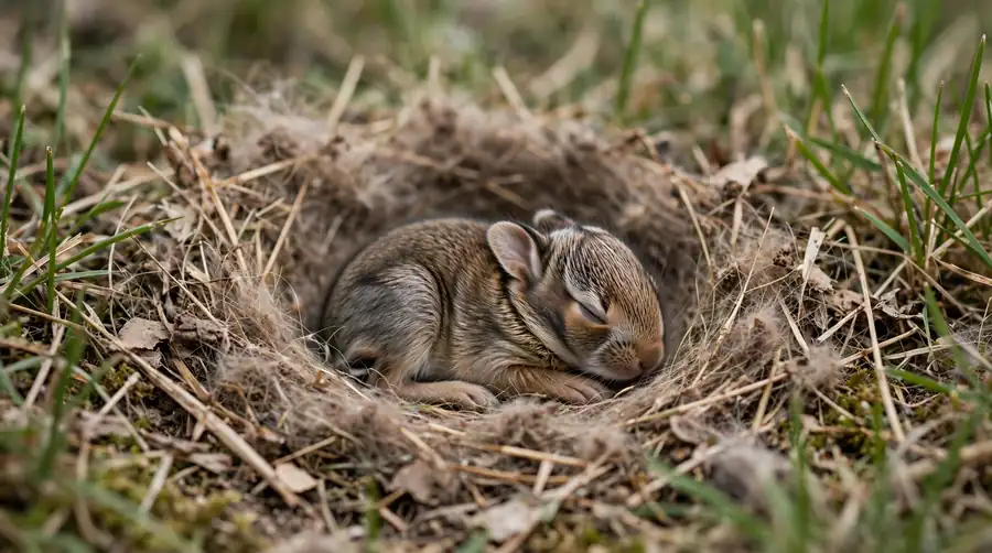 Wild baby rabbit curled in a fur-lined nest scrape hidden in grass