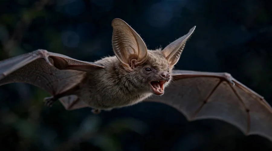 Bat in flight with ears and mouth open while echolocating in darkness