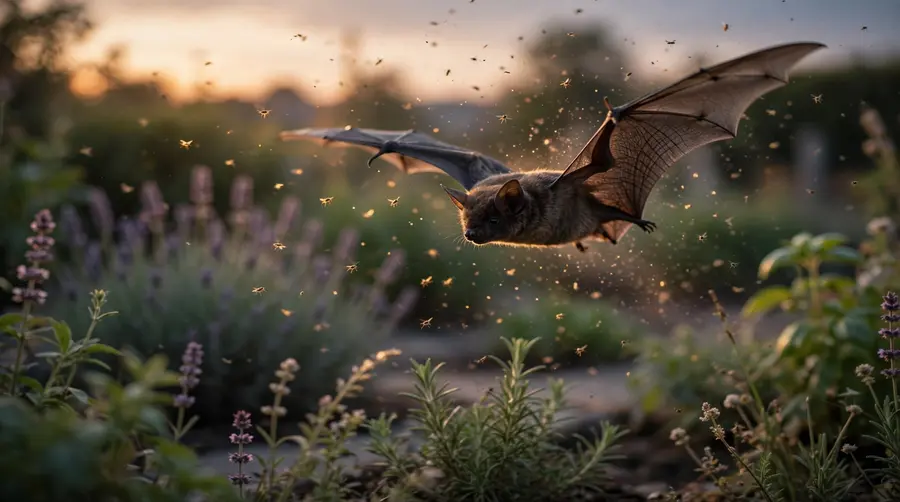 Bat swooping low over a garden at dusk hunting insects in the air