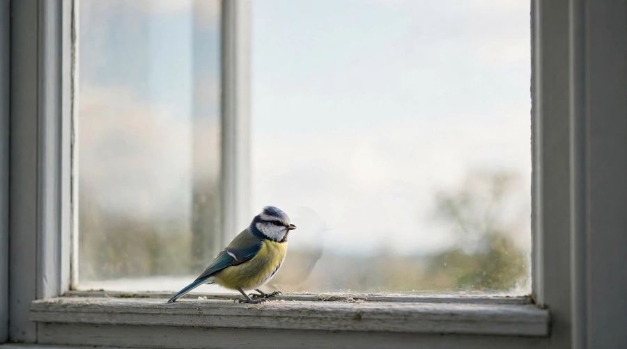 A small bird perched on a window ledge looking in through the glass