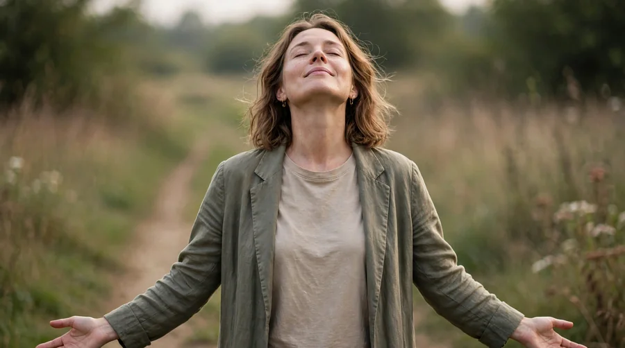 A person standing on a path with their hands open, looking up at the sky