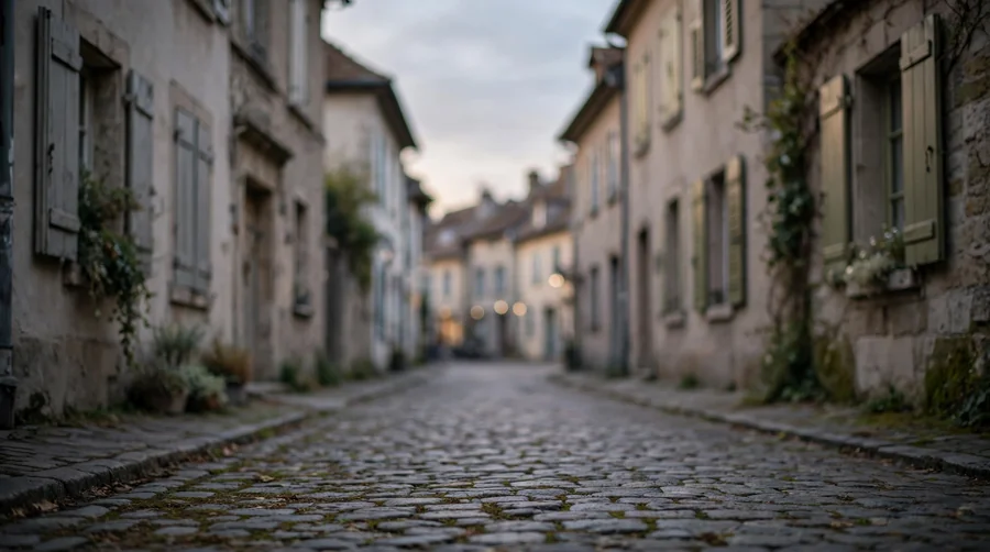 A quiet cobblestone street in a European town at dusk