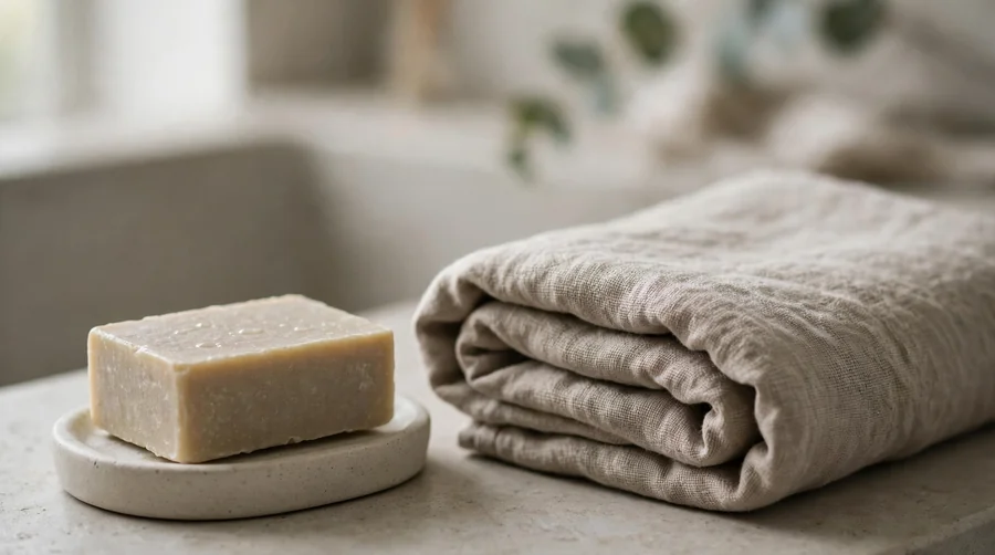 A bar of soap and a folded towel on a bathroom counter