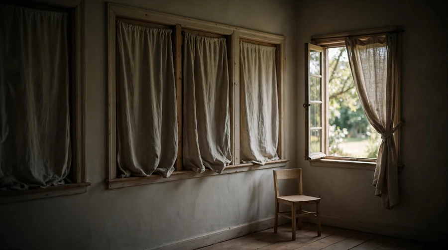 A room with curtains drawn except for one window open to daylight