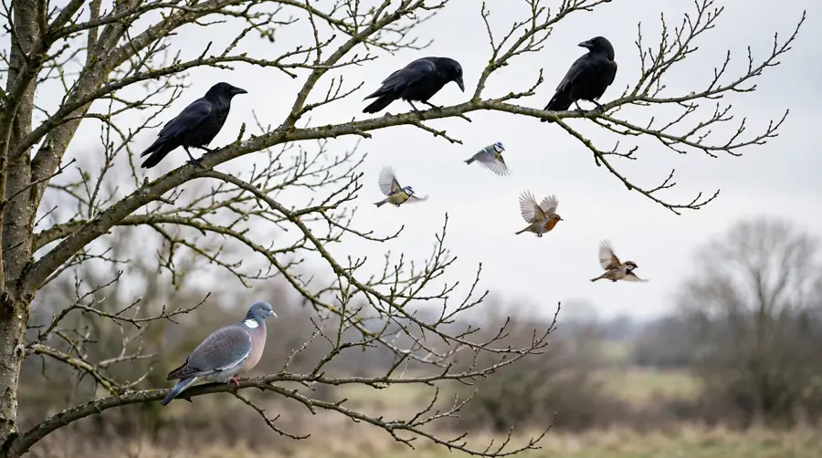 Crows, a pigeon and smaller birds together in a bare winter tree against a pale sky