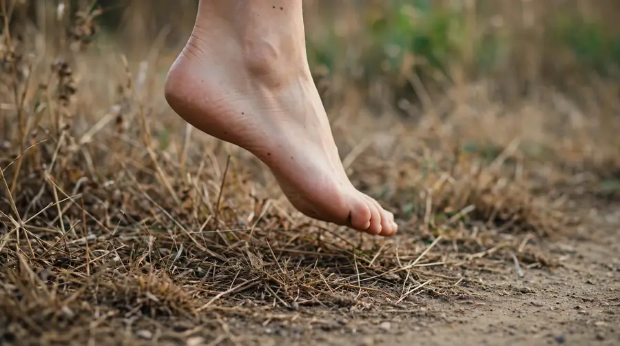 A bare foot standing on dry grass beside a path, close to the ground where a snake would be.