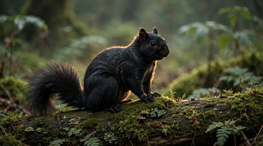 Black-coated squirrel sitting upright on a mossy log in woodland