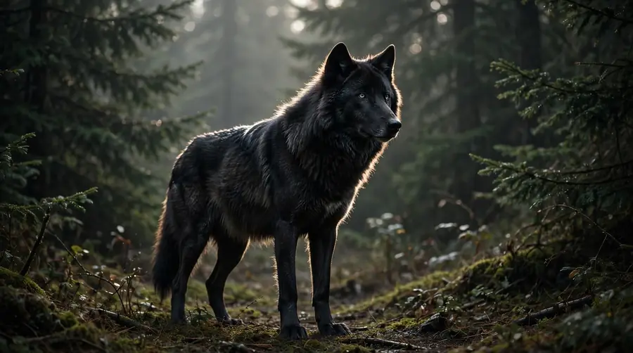 Black-coated wolf standing among dark evergreen trees