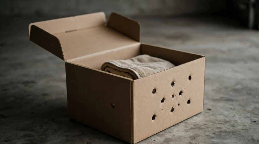A cardboard box with air holes and a folded towel inside, prepared as a temporary container for an injured bird