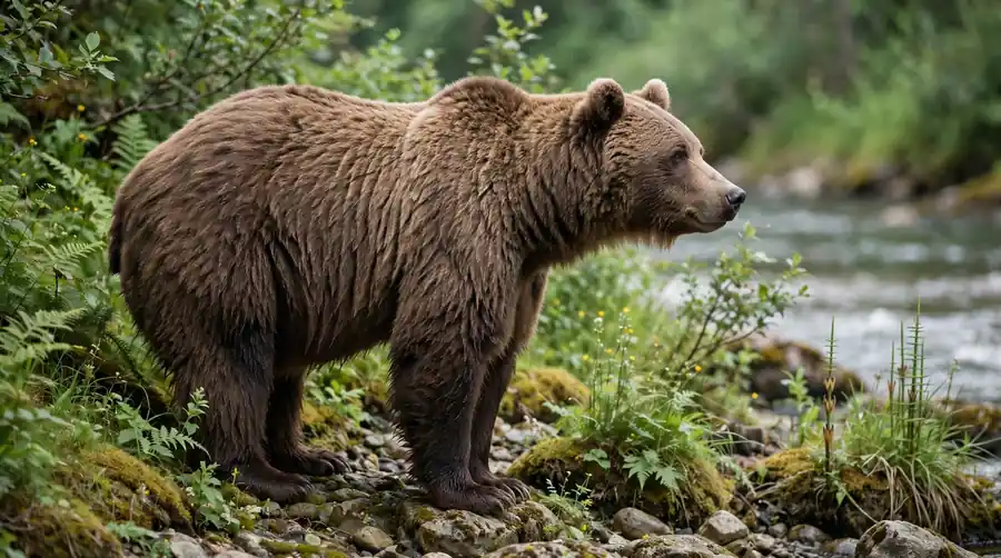 A brown bear standing on a rocky riverbank in summer, the generalist ancestor of the polar bear