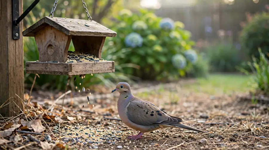A grey-brown mourning dove feeding on the ground under a garden bird feeder, the bird most people mean by brown dove