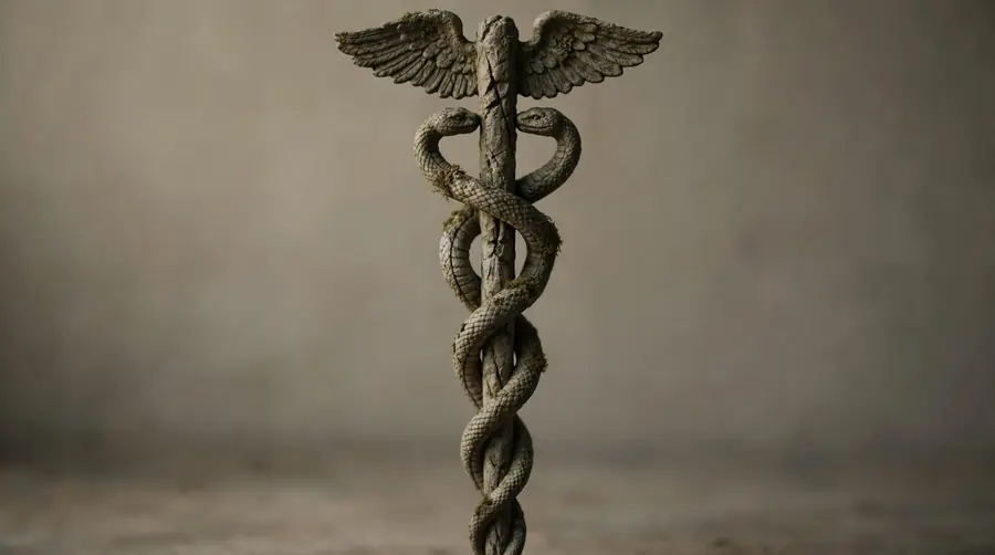 A carved caduceus, two snakes entwined around a winged staff