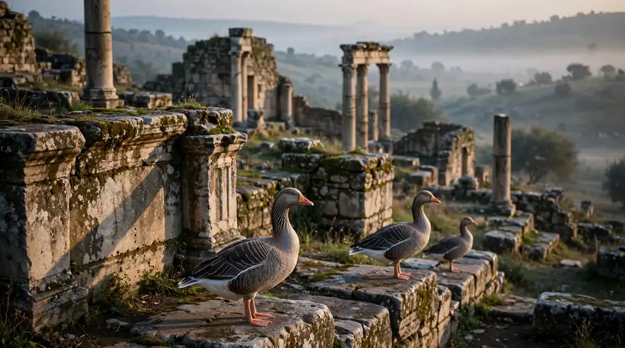 Geese standing among weathered Roman stone walls and columns at dawn